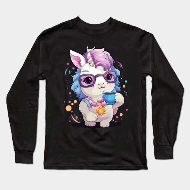 Beautiful fat unicorn drinking coffee Long Sleeve T-Shirt by Yopi